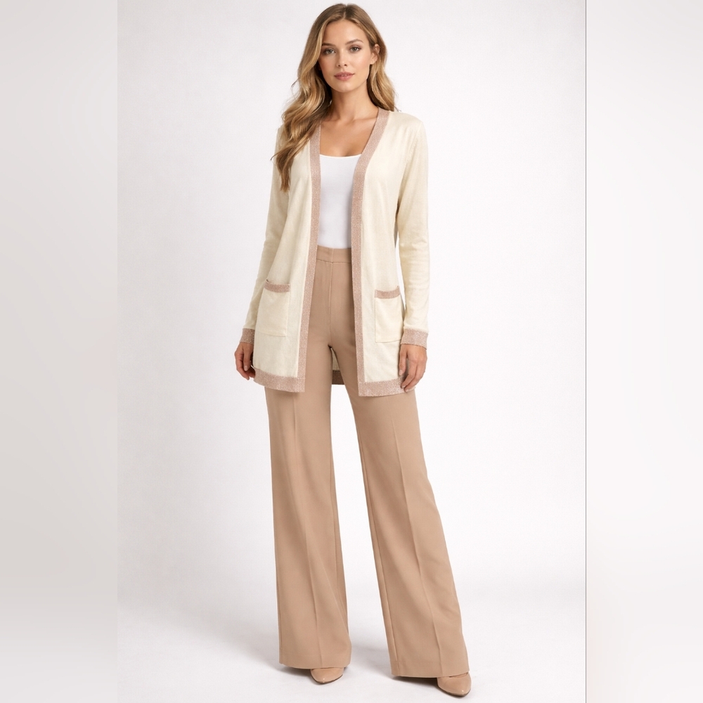 #1859Vita Milano Cream Cardigan Sweater  Rose Gold Metallic Shimmer Accents Sz.S